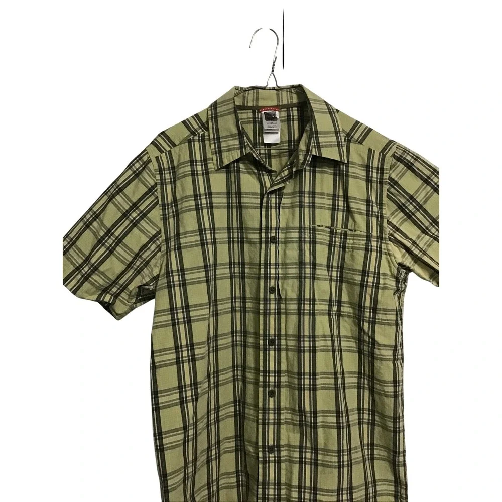 The North Face Button Down Shirt Mens Small Green Plaid Short Sleeve Hiking